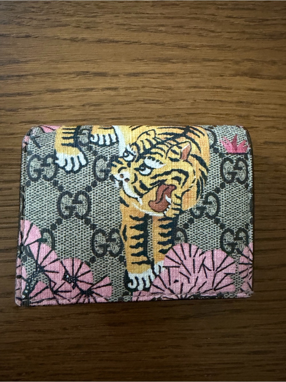 Gucci GG Supreme Canvas Brown Leather Bengal Tiger Compact Wallet